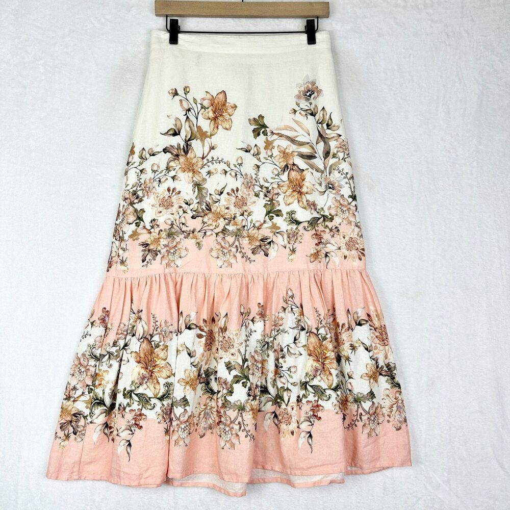 Calypso St Barth Floral Linen Midi Skirt Size 4 Lined Pull On Boho Garden Resort